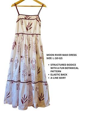 Moon River Cream Botanical Print Maxi Dress, Size Large (10-12)
